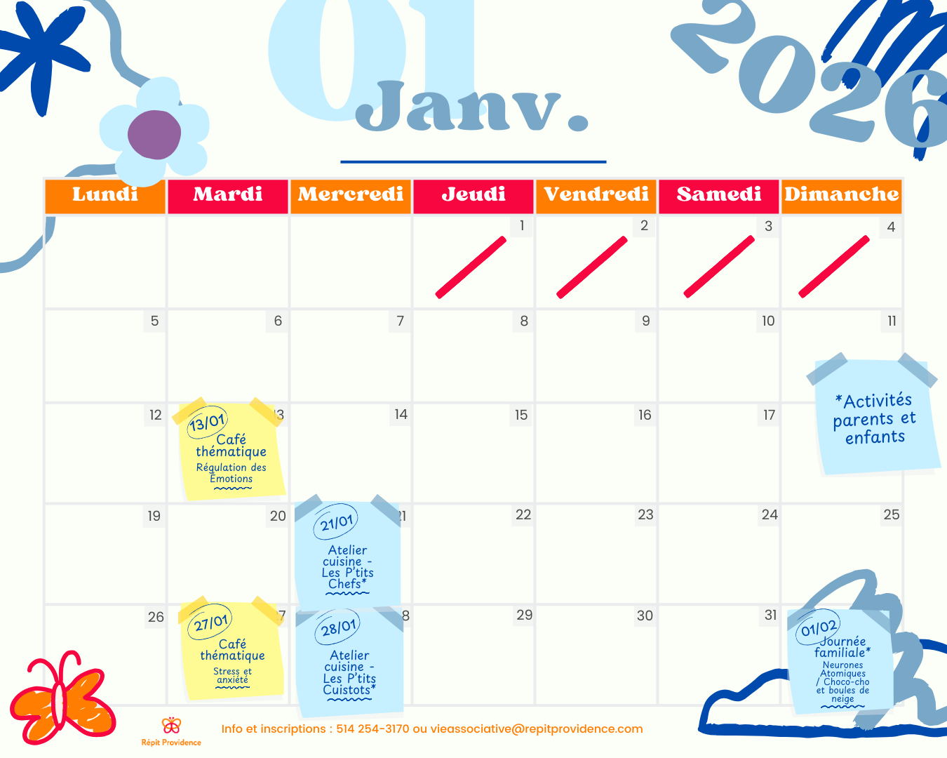 Calendrier des activités de la vie associative 2026 de Répit Providence