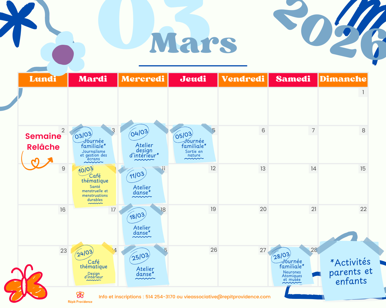 Calendrier des activités de la vie associative 2026 de Répit Providence